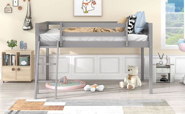 English Elm Twin Low Loft Bed with Ladder and Guardrails for Kids – Pine-MDF Durable Design, Safe Play Space Gray WF313084AAE