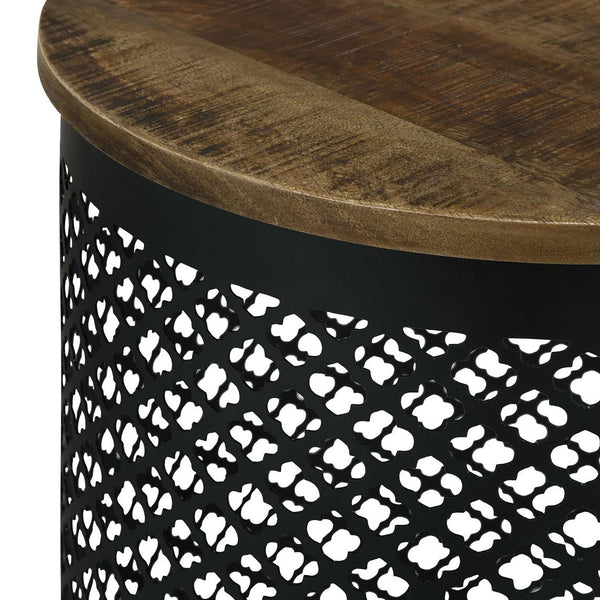 English Elm Natural Mango Drum Accent Table with Black Crisscross Lattice Base, Eco-Friendly Mango Wood Top, 22" high B062P153918