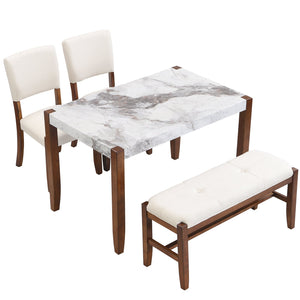 English Elm 4-Piece Modern Dining Set with 46" Faux Marble Table, Upholstered Bench & Chairs, Space-Saving Chic SQ000084AAK