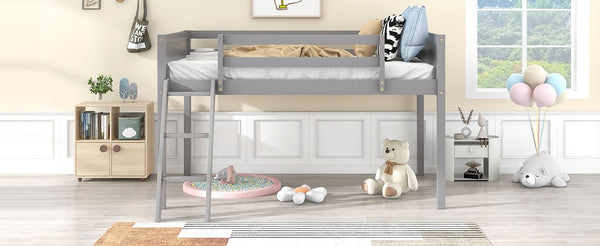 English Elm Twin Low Loft Bed with Ladder and Guardrails for Kids – Pine-MDF Durable Design, Safe Play Space Gray WF313084AAE