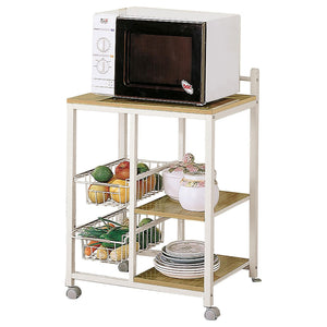 English Elm Natural Brown and White Kitchen Cart with Microwave Top, Two Shelves & Pullout Baskets for Compact Organization B062P153920