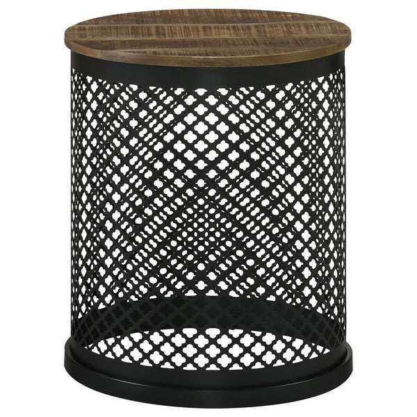 English Elm Natural Mango Drum Accent Table with Black Crisscross Lattice Base, Eco-Friendly Mango Wood Top, 22" high B062P153918