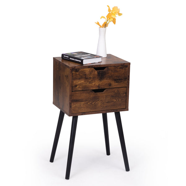English Elm ightstand Rustic Brown & Black Nightstand with 2 Drawers, Solid Wood Legs, 66lb Top Capacity, Storage Elegance for Bedroom W2181P156142