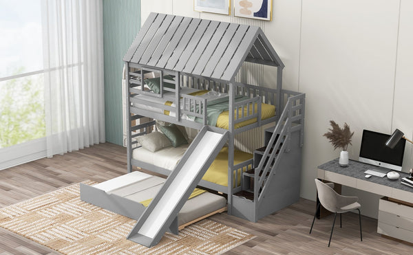 English Elm Twin Twin over Twin House Bunk Bed with Trundle, Slide and Storage Staircase, Playhouse Design Securely Gray SM000931AAE