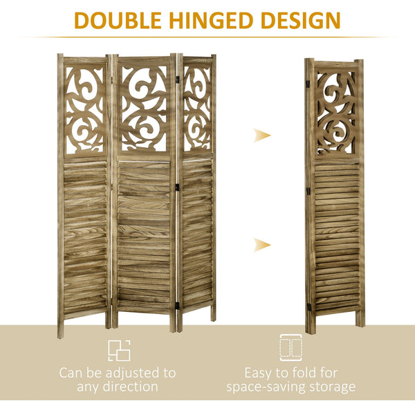 English Elm HOMCOM 3-Panel Wood Room Divider with Floral Louvered Panels, Folding Privacy Screen, 67" Tall Brown W2225P156104