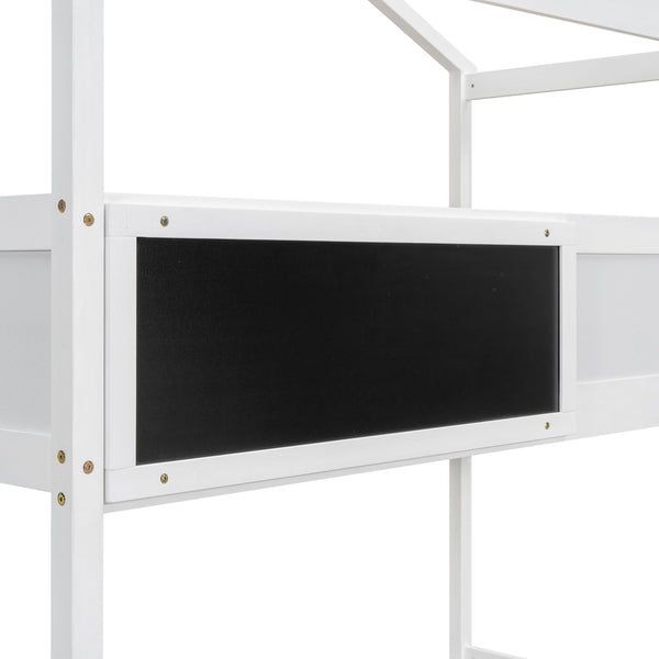 English Elm Twin House Bunk Bed with Storage Staircase and Blackboard Play Loft, Solid Pine Frame, Sturdy Design White SM001701AAK