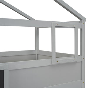 English Elm Twin House Bunk Bed with Storage Staircase and Blackboard Play Loft, Solid Pine Frame, Sturdy Design Gray SM001701AAE