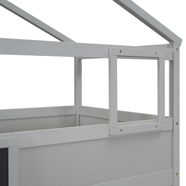 English Elm Twin House Bunk Bed with Storage Staircase and Blackboard Play Loft, Solid Pine Frame, Sturdy Design Gray SM001701AAE