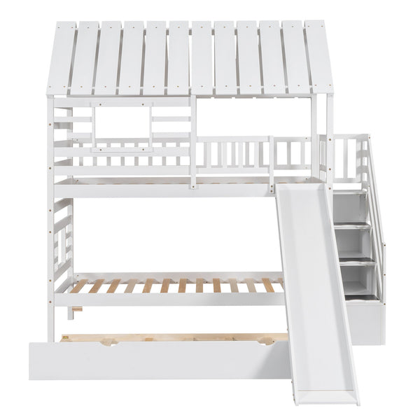 English Elm Twin Twin over Twin House Bunk Bed with Trundle, Slide and Storage Staircase, Playhouse Design Securely White SM000931AAK