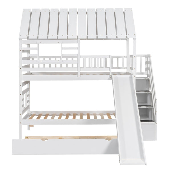 English Elm Twin Over Playhouse Bunk Bed Pine Wood with Trundle Storage Staircase White SM000931AAK-1