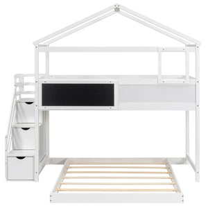 English Elm Twin House Bunk Bed with Storage Staircase and Blackboard Play Loft, Solid Pine Frame, Sturdy Design White SM001701AAK