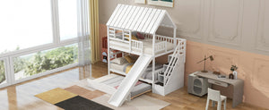 English Elm Twin Over Playhouse Bunk Bed Pine Wood with Trundle Storage Staircase White SM000931AAK-1