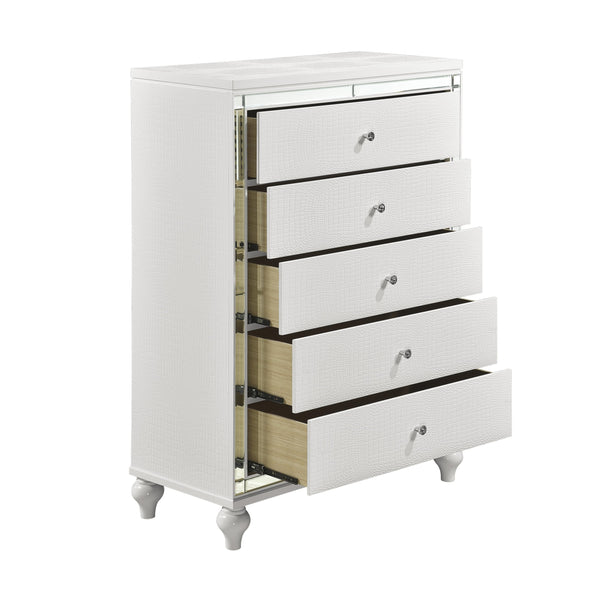 English Elm Modern Glamorous Alonza Chest of 5 Drawers Metallic White Alligator Embossed Mirror Inlay Crystal Pulls B011P156155