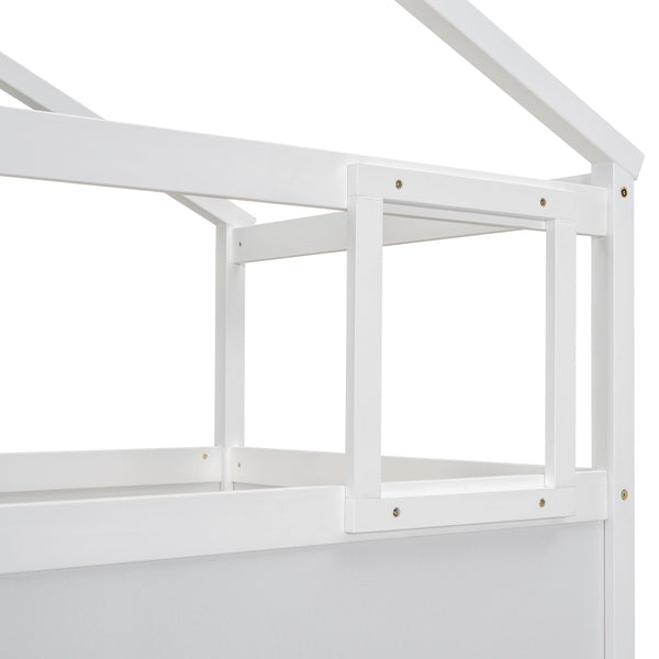 English Elm Twin House Bunk Bed with Storage Staircase and Blackboard Play Loft, Solid Pine Frame, Sturdy Design White SM001701AAK