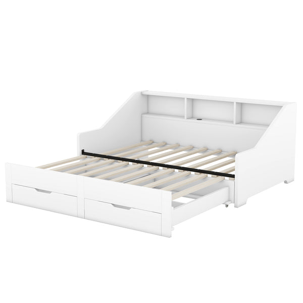 English Elm Twin Space-Saving Daybed with Pull-Out King Trundle, Built-In Bookcases, Dual Drawers & USB Charging Station White GX001827AAK