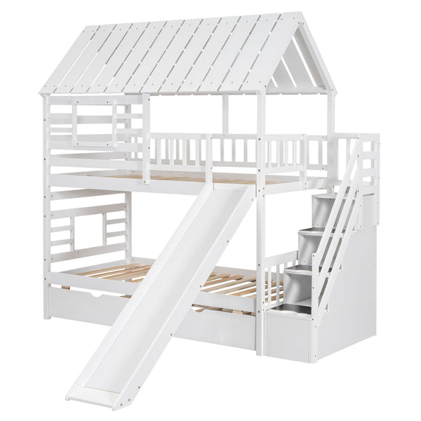 English Elm Twin Twin over Twin House Bunk Bed with Trundle, Slide and Storage Staircase, Playhouse Design Securely White SM000931AAK
