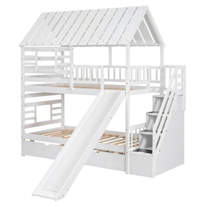 English Elm Twin Over Playhouse Bunk Bed Pine Wood with Trundle Storage Staircase White SM000931AAK-1