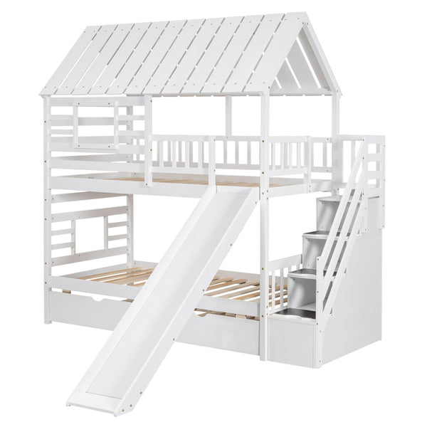 English Elm Twin Over Playhouse Bunk Bed Pine Wood with Trundle Storage Staircase White SM000931AAK-1