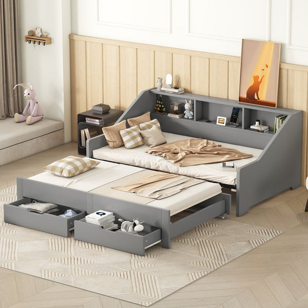 English Elm Twin Space-Saving Daybed with Pull-Out King Trundle, Built-In Bookcases, Dual Drawers & USB Charging Station Gray GX001827AAE