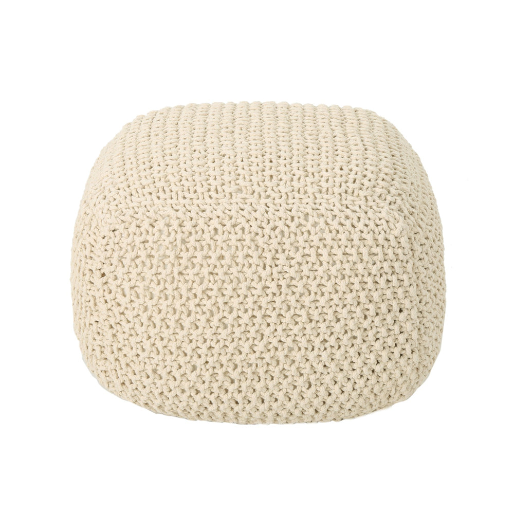 English Elm Christopher Knight Home® - KNITED Pouf Beige Cotton Knit Ottoman with Polystyrene Bead Filling, Boho Accent Seat 20.5"x16.5" 62659.00BGE