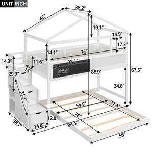 English Elm Twin House Bunk Bed with Storage Staircase and Blackboard Play Loft, Solid Pine Frame, Sturdy Design White SM001701AAK