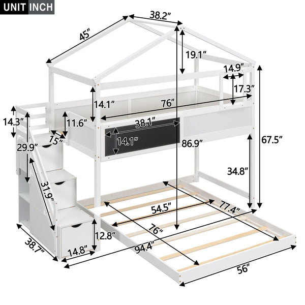English Elm Twin House Bunk Bed with Storage Staircase and Blackboard Play Loft, Solid Pine Frame, Sturdy Design White SM001701AAK