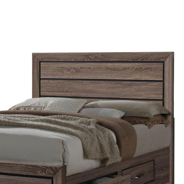 English Elm Washed Taupe Queen Storage Bed with Rustic Horizontal Panel Headboard, 4 Underbed Drawers, 600 lb Limit B062S00299