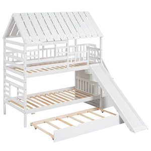 English Elm Twin Over Playhouse Bunk Bed Pine Wood with Trundle Storage Staircase White SM000931AAK-1