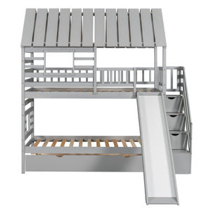 English Elm Twin Twin over Twin House Bunk Bed with Trundle, Slide and Storage Staircase, Playhouse Design Securely Gray SM000931AAE