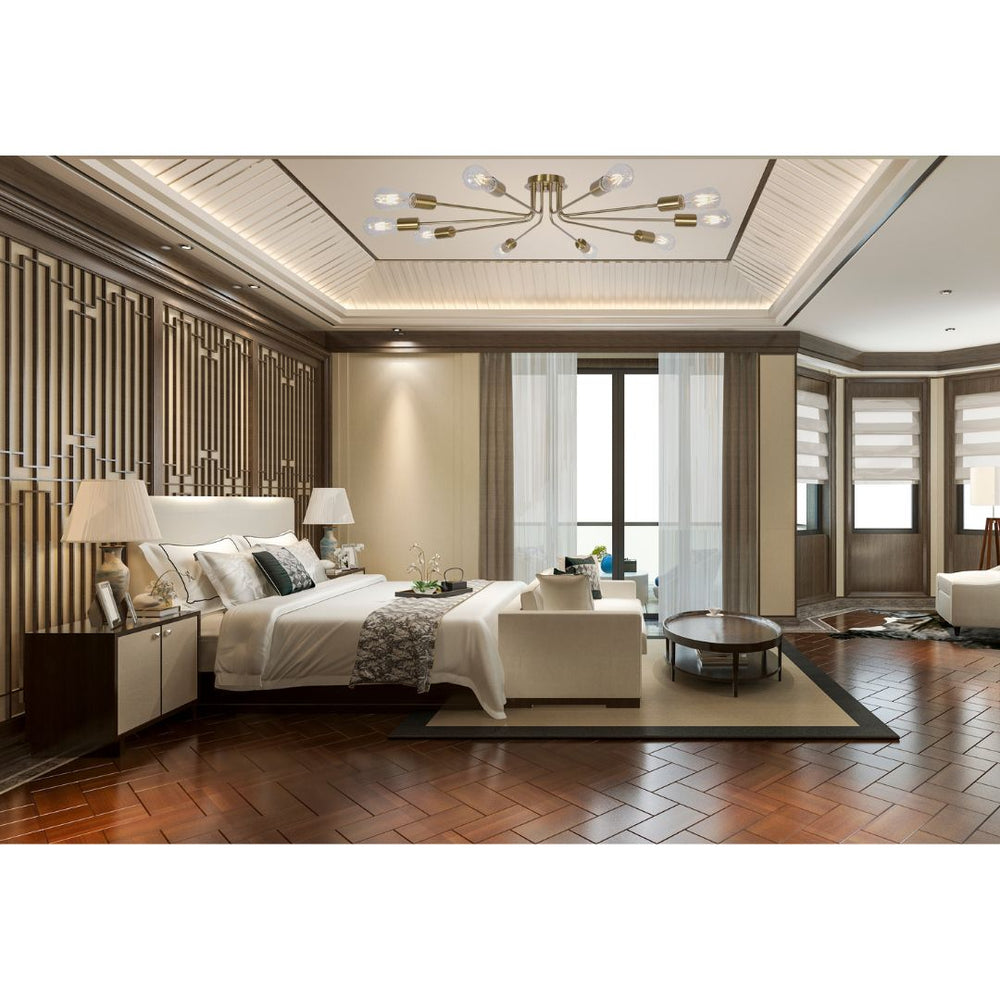 English Elm 10 Mid-Century Sputnik Chandelier with 10 Dimmable Arms, Metal Semi-Flush Ceiling Fixture, Elegant Ambiance Brushed Gold B130P148037