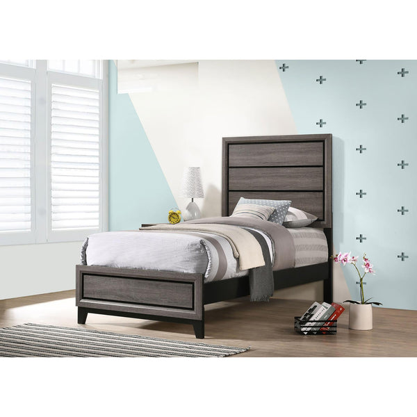 English Elm Grey Oak Transitional Twin Panel Bed with Grey Oak & Black Plank Headboard, Engineered Veneer Finish — Sturdy 600 lb Capacity, Box Spring Required B062S00288