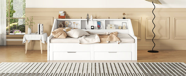 English Elm Twin Space-Saving Daybed with Pull-Out King Trundle, Built-In Bookcases, Dual Drawers & USB Charging Station White GX001827AAK