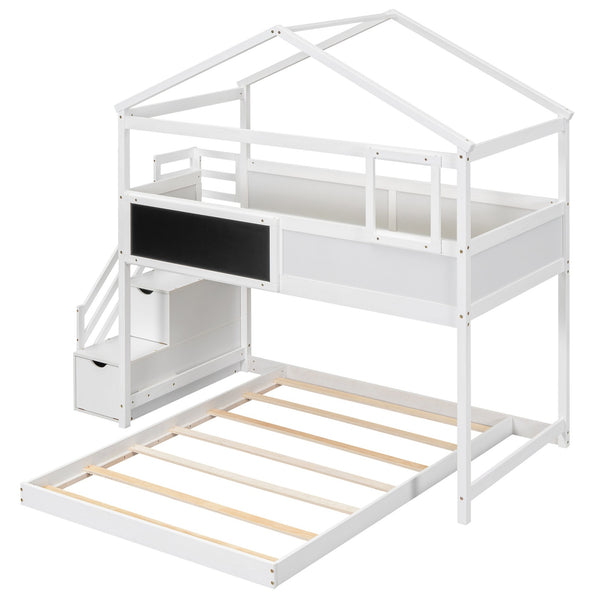 English Elm Twin House Bunk Bed with Storage Staircase and Blackboard Play Loft, Solid Pine Frame, Sturdy Design White SM001701AAK