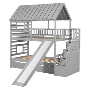 English Elm Twin Over Playhouse Bunk Bed Pine Wood with Trundle Storage Staircase Gray SM000931AAE-1