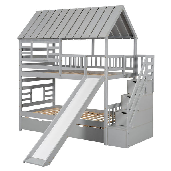 English Elm Twin Over Playhouse Bunk Bed Pine Wood with Trundle Storage Staircase Gray SM000931AAE-1