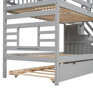 English Elm Twin Over Playhouse Bunk Bed Pine Wood with Trundle Storage Staircase Gray SM000931AAE-1