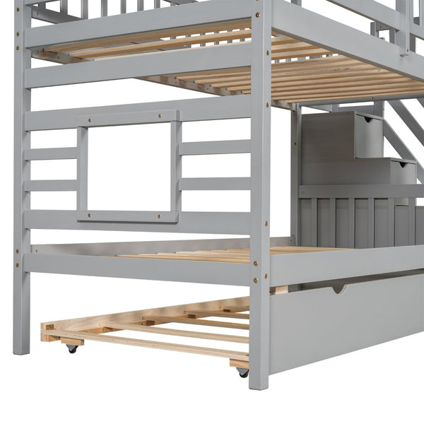 English Elm Twin Over Playhouse Bunk Bed Pine Wood with Trundle Storage Staircase Gray SM000931AAE-1