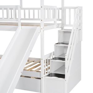 English Elm Twin Twin over Twin House Bunk Bed with Trundle, Slide and Storage Staircase, Playhouse Design Securely White SM000931AAK