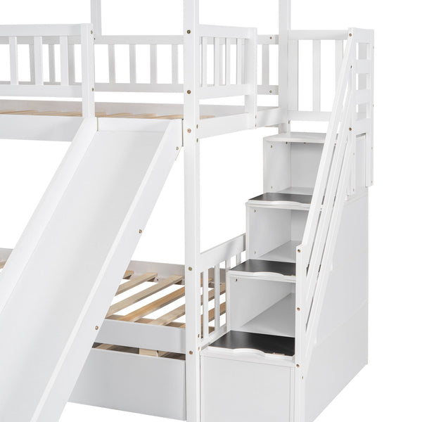 English Elm Twin Twin over Twin House Bunk Bed with Trundle, Slide and Storage Staircase, Playhouse Design Securely White SM000931AAK
