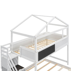 English Elm Twin House Bunk Bed with Storage Staircase and Blackboard Play Loft, Solid Pine Frame, Sturdy Design White SM001701AAK