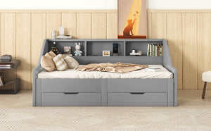 English Elm Twin Space-Saving Daybed with Pull-Out King Trundle, Built-In Bookcases, Dual Drawers & USB Charging Station Gray GX001827AAE