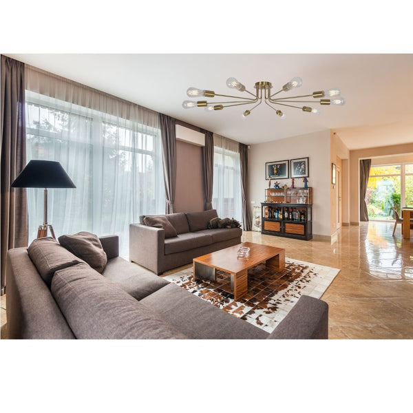 English Elm 10 Mid-Century Sputnik Chandelier with 10 Dimmable Arms, Metal Semi-Flush Ceiling Fixture, Elegant Ambiance Brushed Gold B130P148037