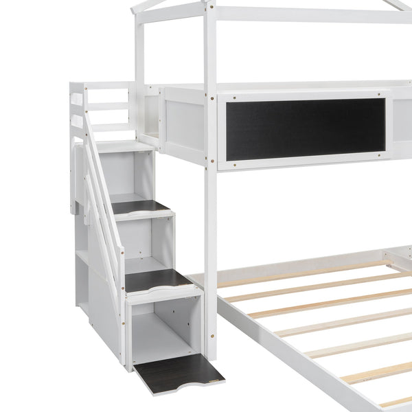 English Elm Twin House Bunk Bed with Storage Staircase and Blackboard Play Loft, Solid Pine Frame, Sturdy Design White SM001701AAK