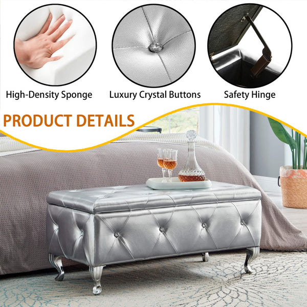 English Elm Upholstered Glam Storage Bench Faux Leather Crystal Tufted Lift Top Bedroom Seat W2268P146696