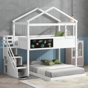 English Elm Twin House Bunk Bed with Storage Staircase and Blackboard Play Loft, Solid Pine Frame, Sturdy Design White SM001701AAK