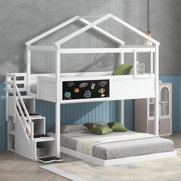 English Elm Twin House Bunk Bed with Storage Staircase and Blackboard Play Loft, Solid Pine Frame, Sturdy Design White SM001701AAK