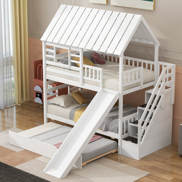 English Elm Twin Twin over Twin House Bunk Bed with Trundle, Slide and Storage Staircase, Playhouse Design Securely White SM000931AAK