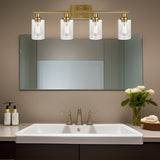 English Elm Brushed Gold Vanity Lights Wall Sconce 4-Light, Bathroom Light Fixtures With Clear Glass Shade Wall Lights