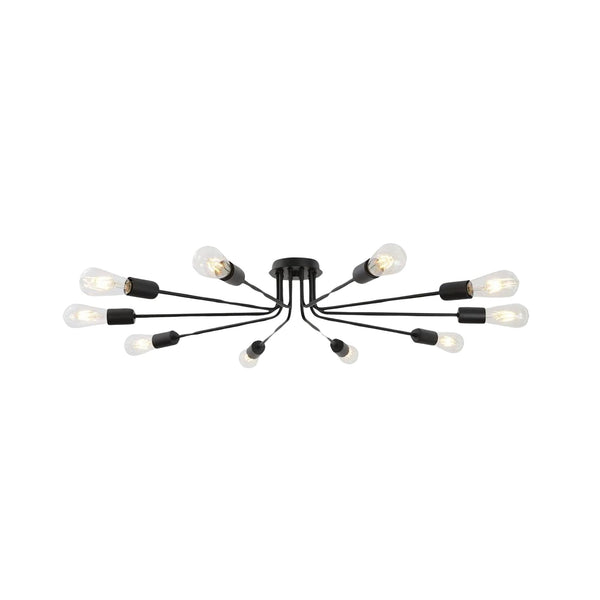 English Elm 10 Mid-Century Sputnik Chandelier with 10 Dimmable Arms, Metal Semi-Flush Ceiling Fixture, Elegant Ambiance Black B130P148036