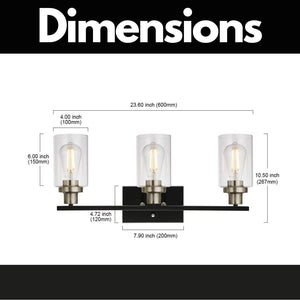 English Elm Modern 3-Light Bathroom Vanity Light with Clear Glass Shades, Black & Brushed Nickel, Dimmable Mountable Fixture for Bedroom, Living Room, Powder Room (E26) B130P148059